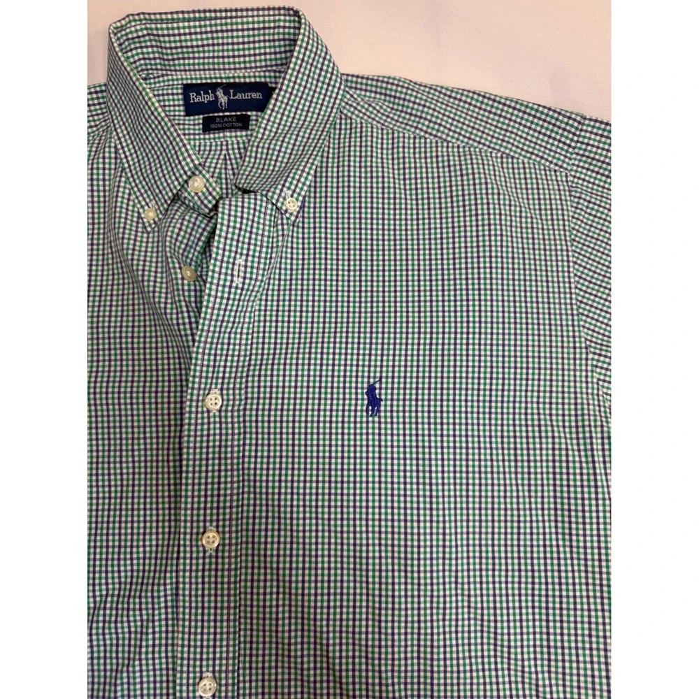 Ralph Lauren Blake M Green Purple Gingham Check Short Sleeve Button Down Shirt